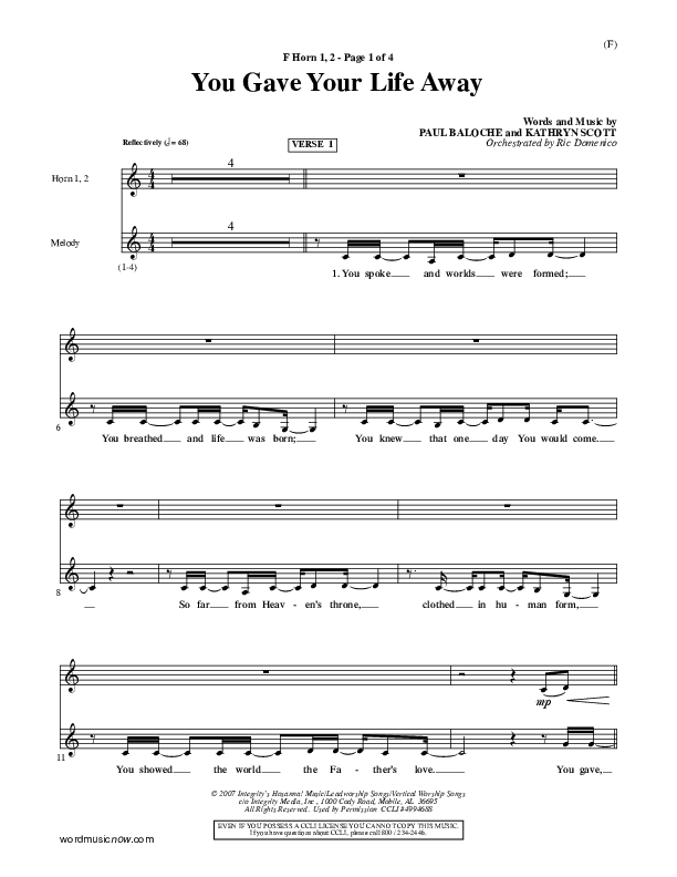 You Gave Your Life Away French Horn 1/2 (Kathryn Scott)