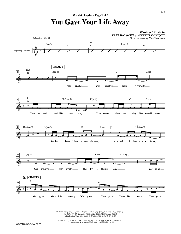 You Gave Your Life Away Lead Sheet (Kathryn Scott)