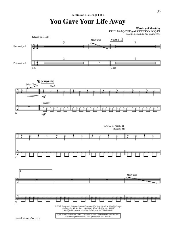 You Gave Your Life Away Percussion 1/2 (Kathryn Scott)