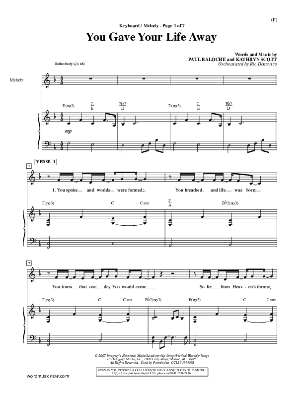 You Gave Your Life Away Piano/Vocal (Kathryn Scott)