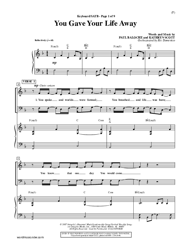 You Gave Your Life Away Piano/Vocal (SATB) (Kathryn Scott)
