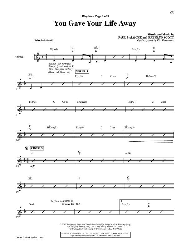 You Gave Your Life Away Rhythm Chart (Kathryn Scott)