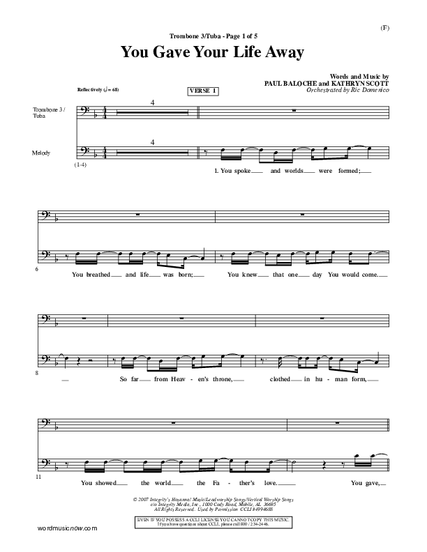 You Gave Your Life Away Trombone 3/Tuba (Kathryn Scott)