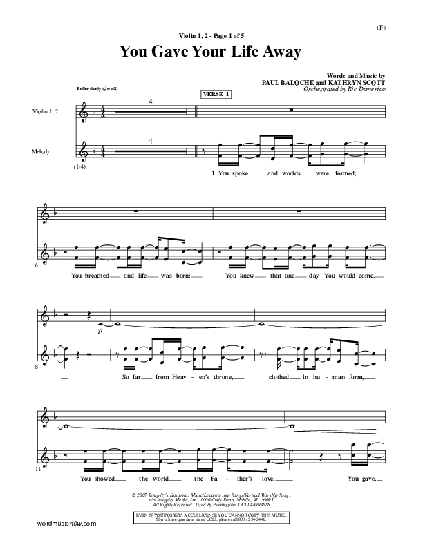 You Gave Your Life Away Violin 1/2 (Kathryn Scott)