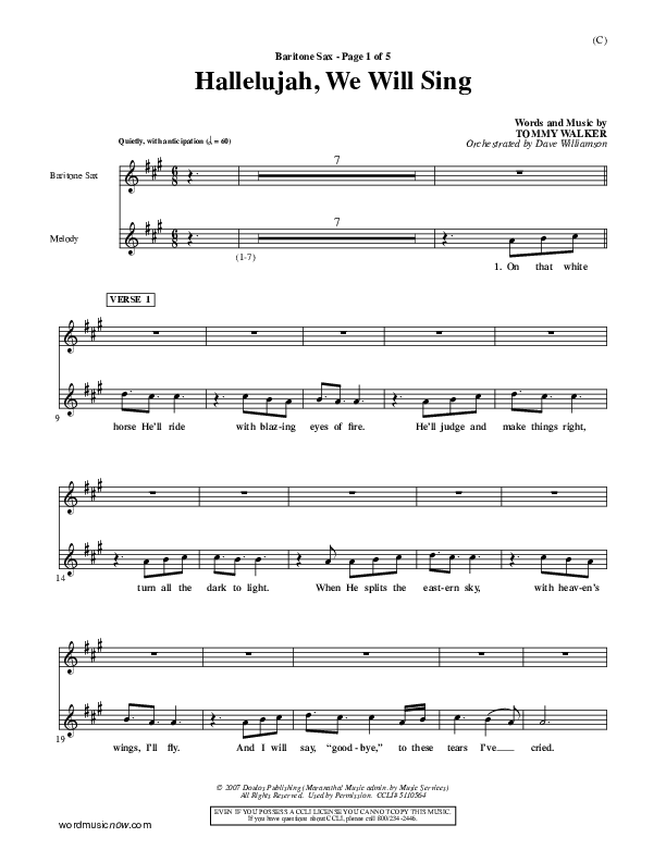 Hallelujah We Will Sing Bari Sax (Tommy Walker)