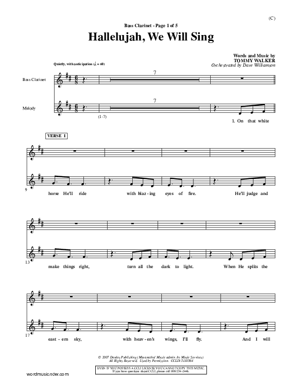 Hallelujah We Will Sing Bass Clarinet (Tommy Walker)