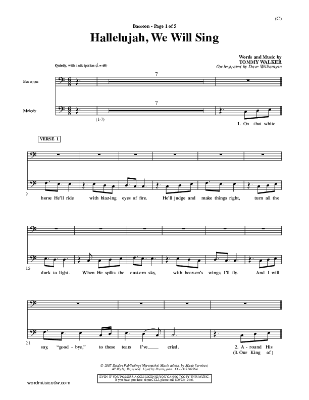 Hallelujah We Will Sing Bassoon (Tommy Walker)