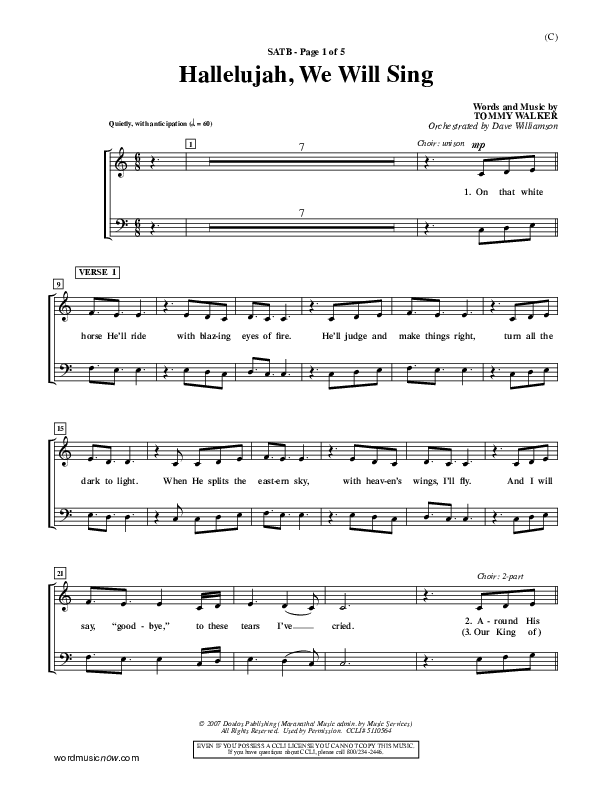 Hallelujah We Will Sing Choir Sheet (SATB) (Tommy Walker)