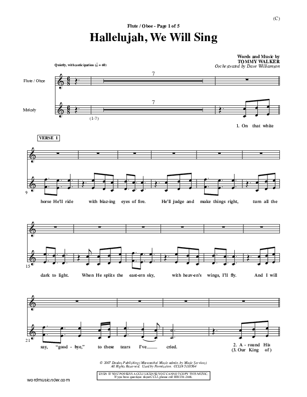 Hallelujah We Will Sing Flute/Oboe (Tommy Walker)