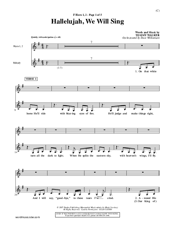Hallelujah We Will Sing French Horn 1/2 (Tommy Walker)