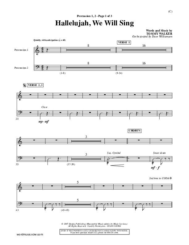 Hallelujah We Will Sing Percussion 1/2 (Tommy Walker)