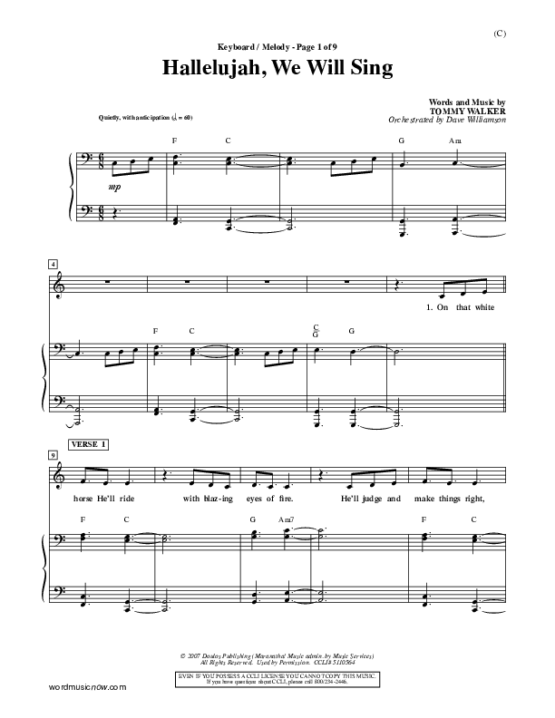Hallelujah We Will Sing Piano/Vocal (Tommy Walker)