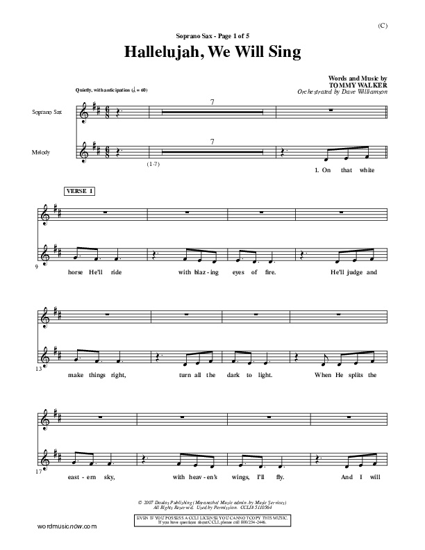 Hallelujah We Will Sing Soprano Sax (Tommy Walker)