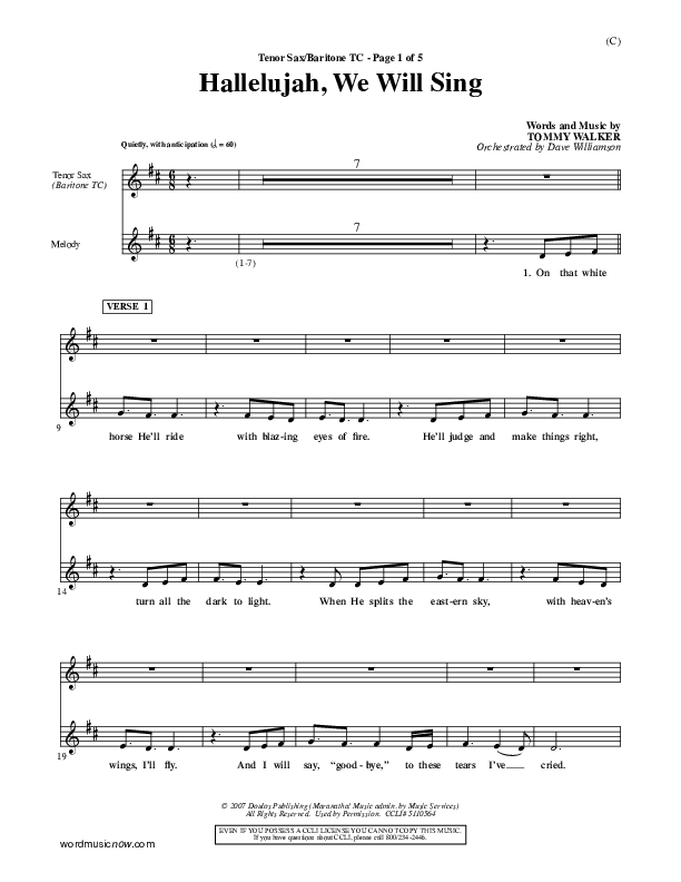 Hallelujah We Will Sing Tenor Sax/Baritone T.C. (Tommy Walker)