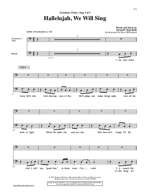 Hallelujah We Will Sing Trombone 3/Tuba (Tommy Walker)
