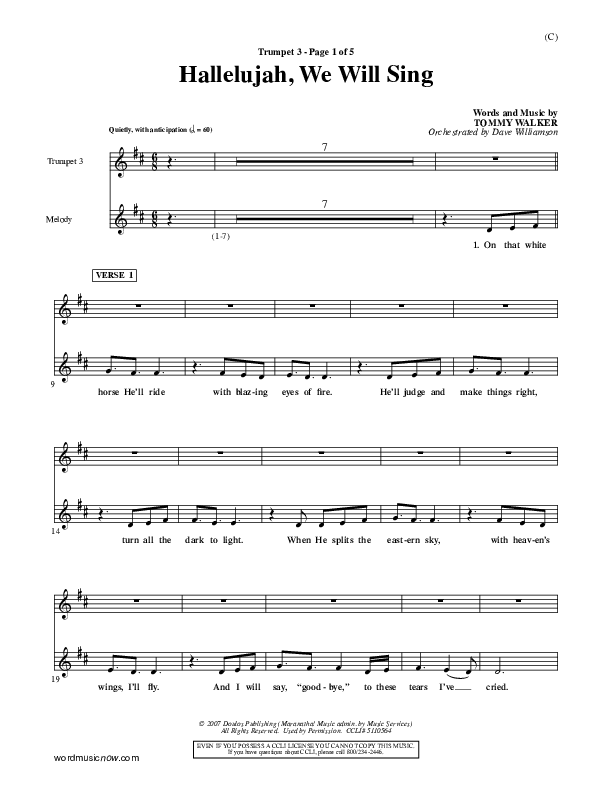 Hallelujah We Will Sing Trumpet 3 (Tommy Walker)