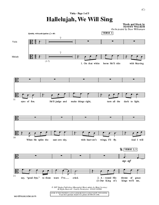 Hallelujah We Will Sing Viola (Tommy Walker)