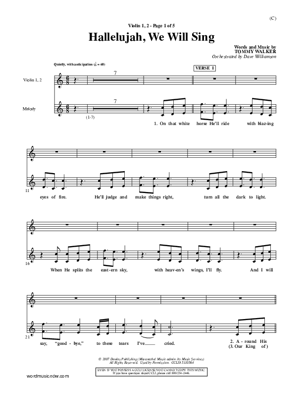 Hallelujah We Will Sing Violin 1/2 (Tommy Walker)