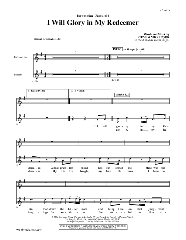 I Will Glory In My Redeemer Bari Sax (Vikki Cook)