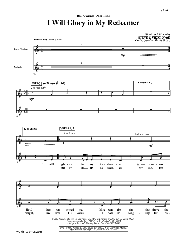 I Will Glory In My Redeemer Bass Clarinet (Vikki Cook)