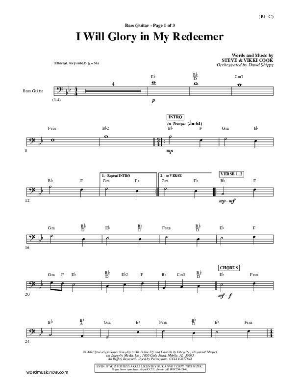 I Will Glory In My Redeemer Bass Guitar (Vikki Cook)