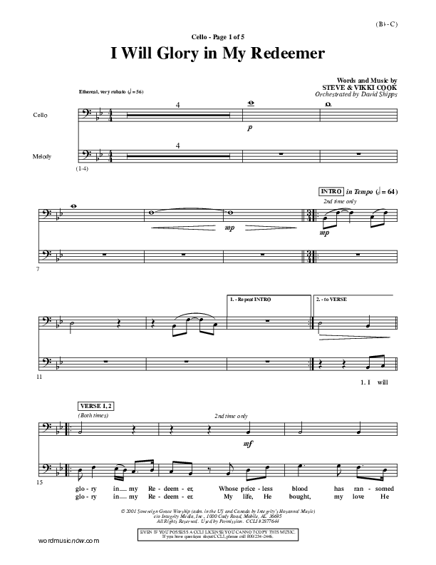 I Will Glory In My Redeemer Cello (Vikki Cook)