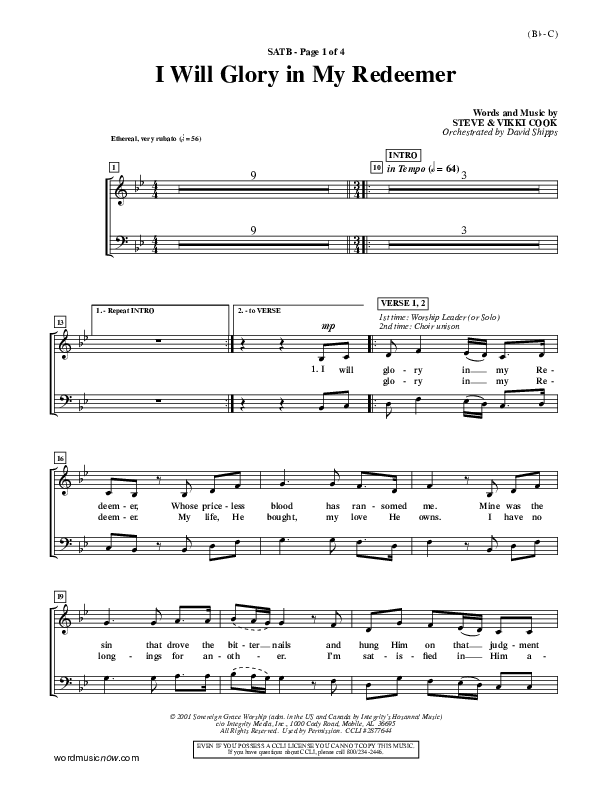 I Will Glory In My Redeemer Choir Vocals (SATB) (Vikki Cook)