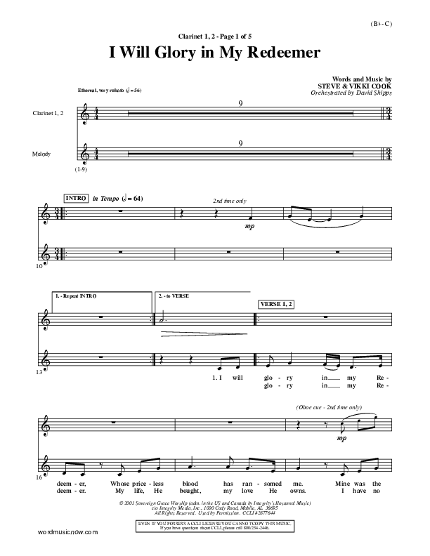 I Will Glory In My Redeemer Clarinet 1/2 (Vikki Cook)