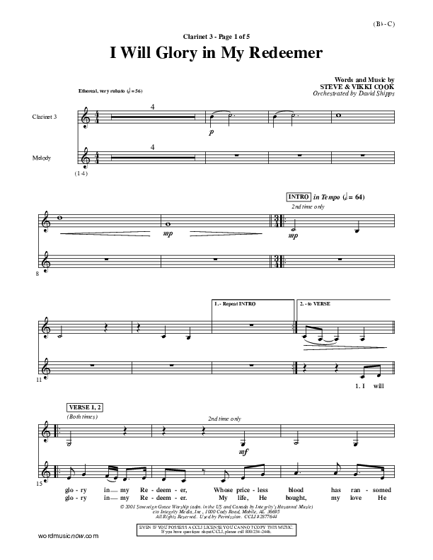 I Will Glory In My Redeemer Clarinet 3 (Vikki Cook)