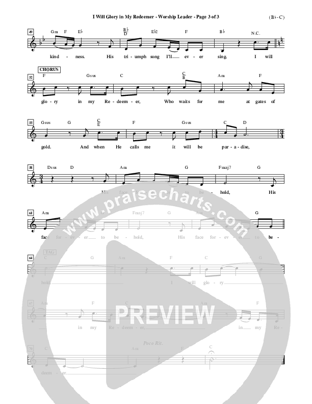 I Will Glory In My Redeemer Lead Sheet (Vikki Cook)