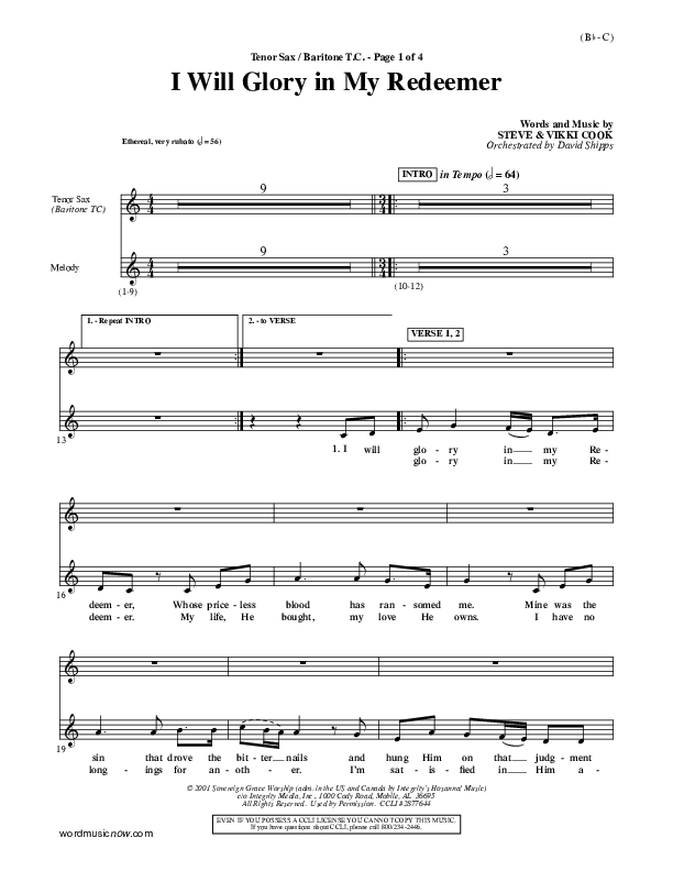 I Will Glory In My Redeemer Tenor Sax/Baritone T.C. (Vikki Cook)