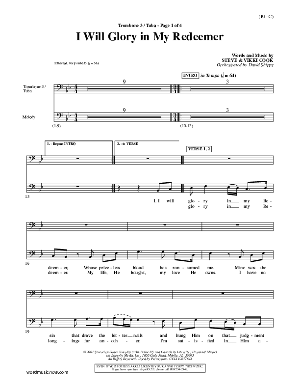 I Will Glory In My Redeemer Trombone 3/Tuba (Vikki Cook)