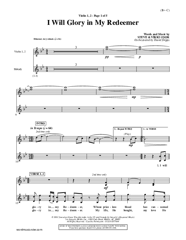 I Will Glory In My Redeemer Violin 1/2 (Vikki Cook)
