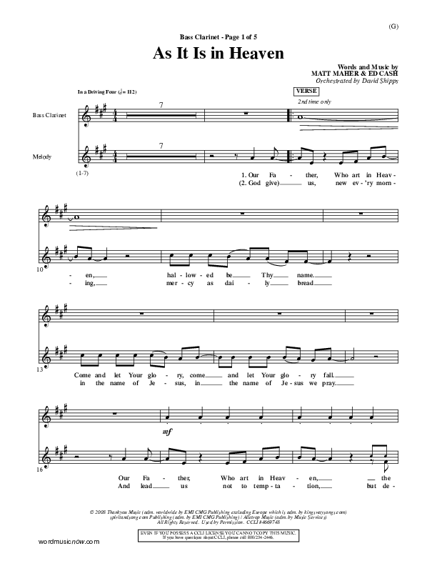 As It Is In Heaven Bass Clarinet (Matt Maher)