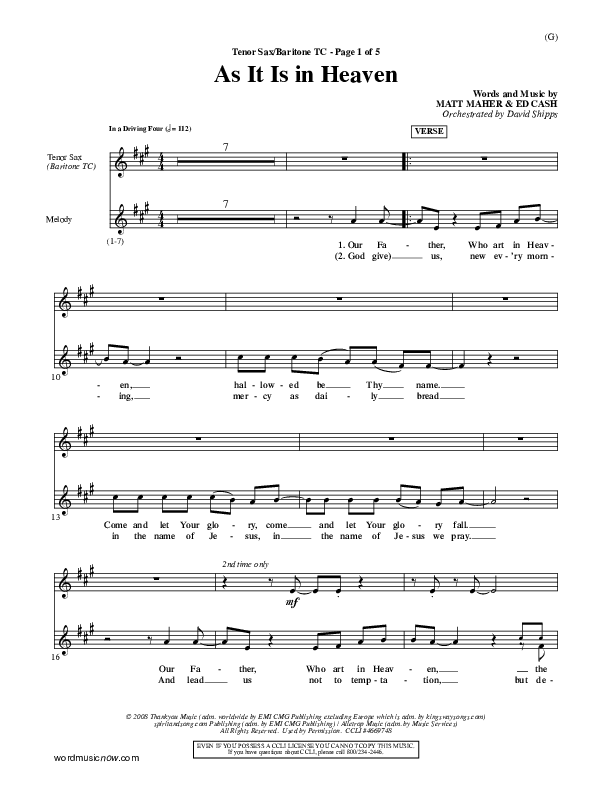 As It Is In Heaven Tenor Sax 2 (Matt Maher)