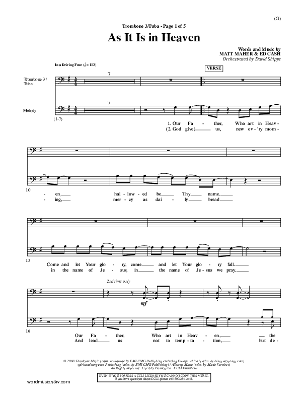 As It Is In Heaven Trombone 3/Tuba (Matt Maher)