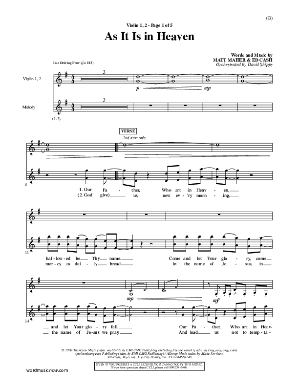 As It Is In Heaven Violin 1/2 (Matt Maher)