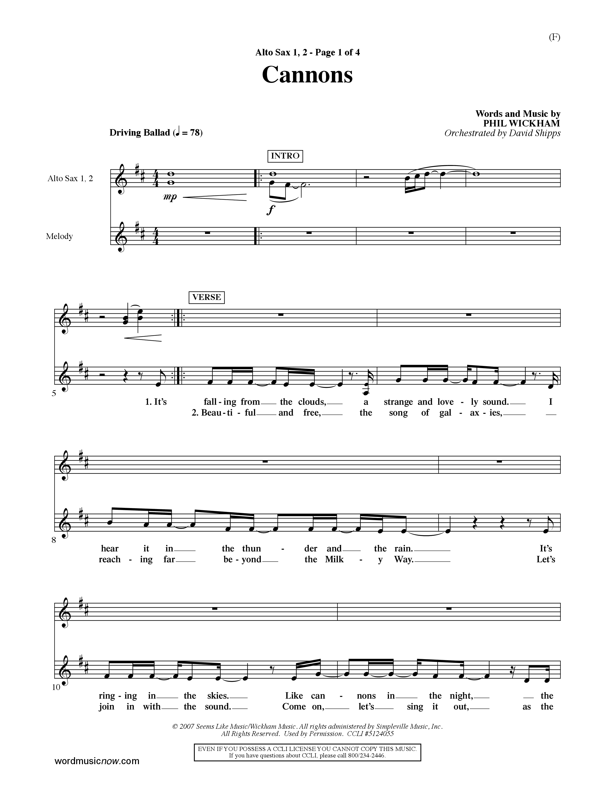 Cannons (Choral Anthem SATB) Alto Sax 1/2 (Word Music Choral / Orch. David Shipps)