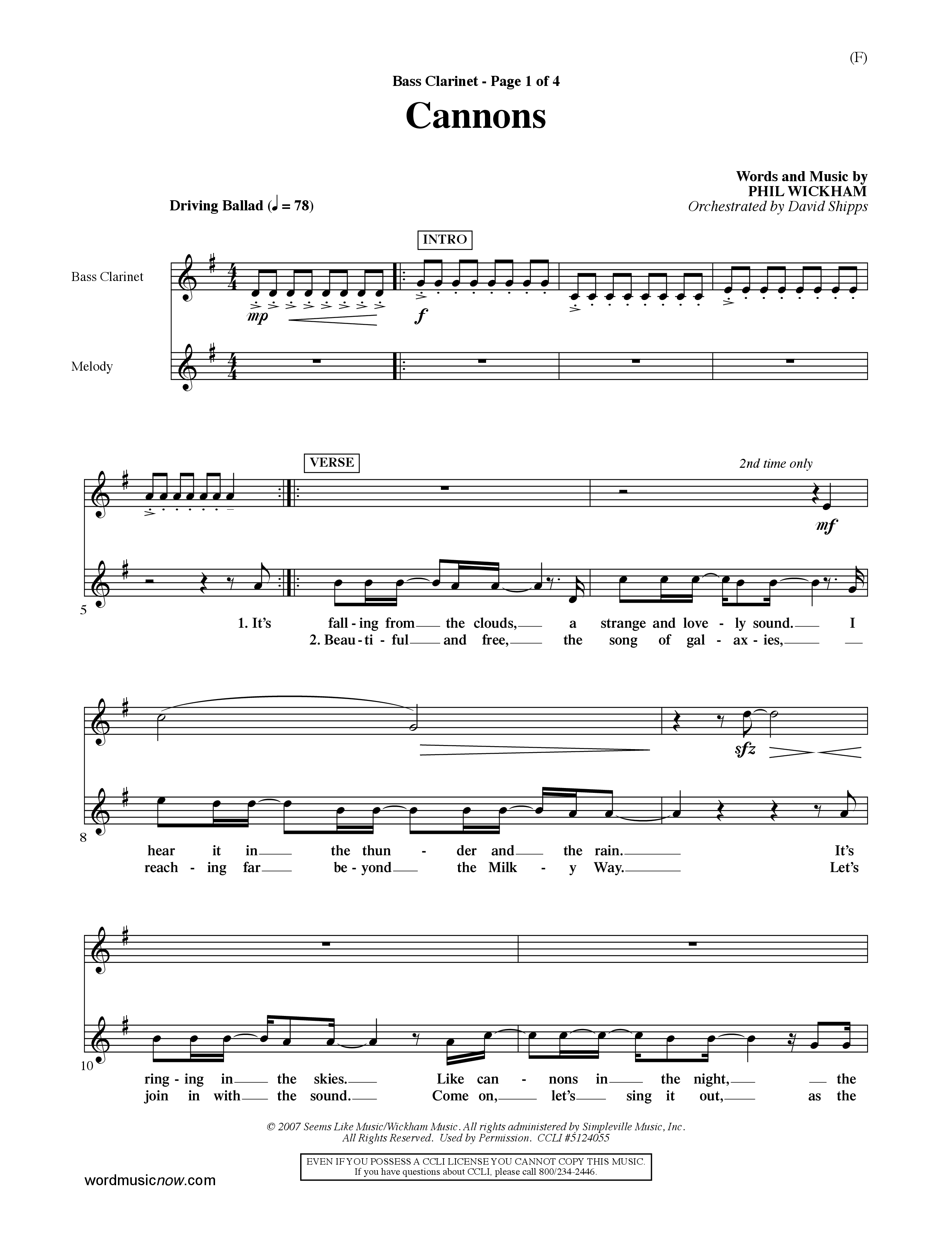 Cannons (Choral Anthem SATB) Bass Clarinet (Word Music Choral / Orch. David Shipps)