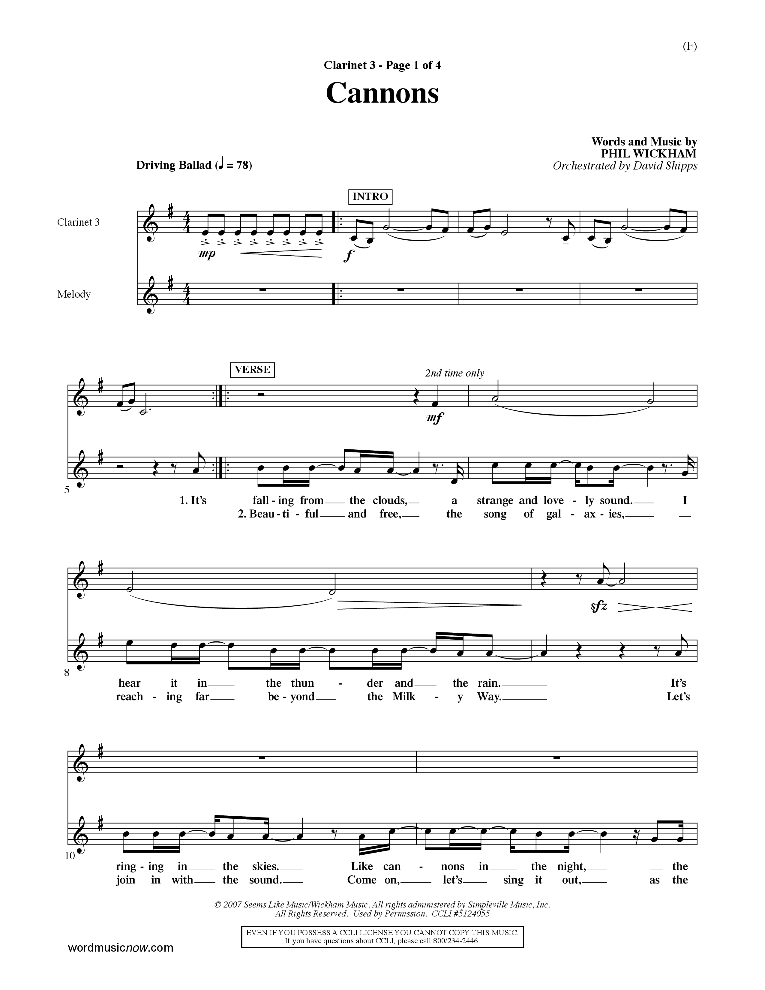 Cannons (Choral Anthem SATB) Clarinet 3 (Word Music Choral / Orch. David Shipps)