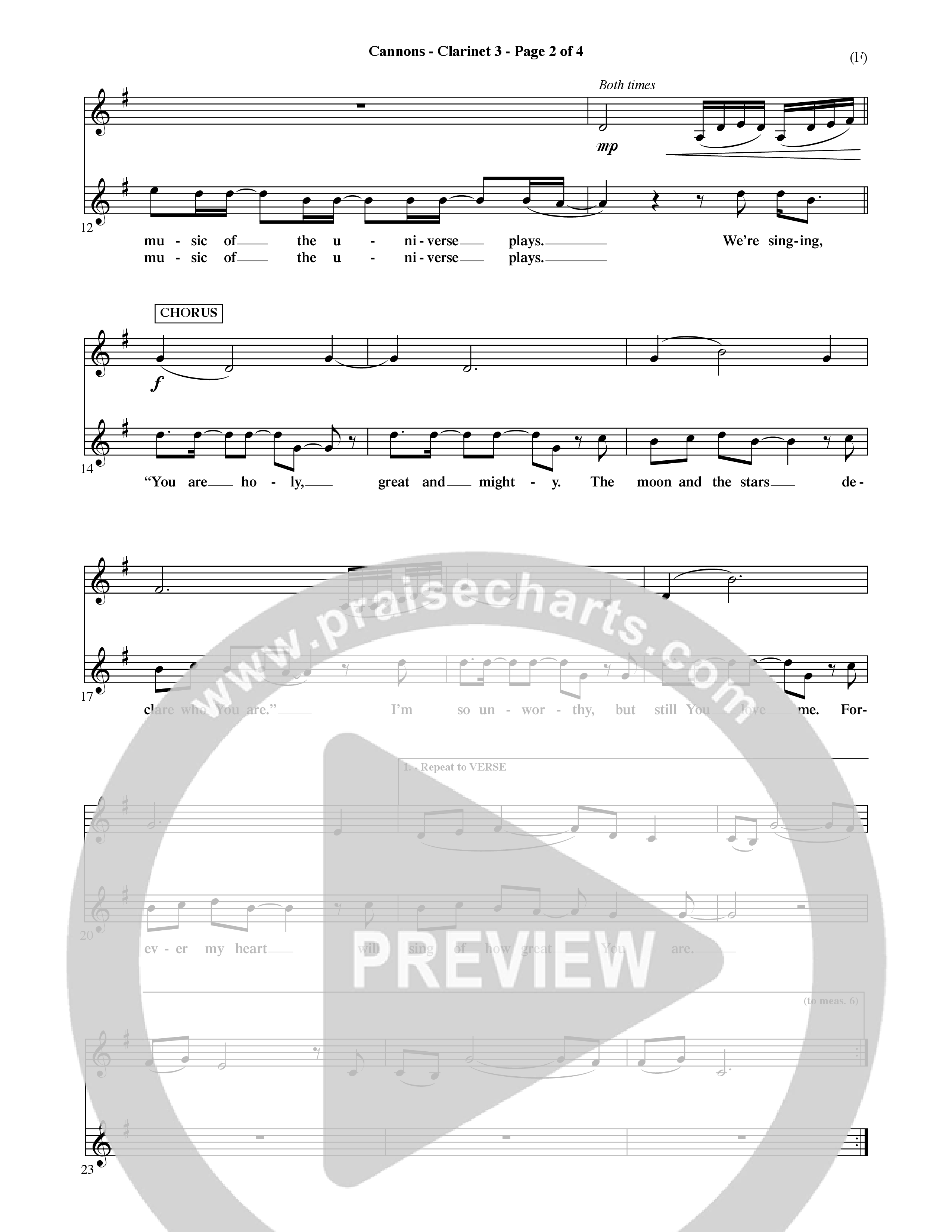 Cannons (Choral Anthem SATB) Clarinet 3 (Word Music Choral / Orch. David Shipps)