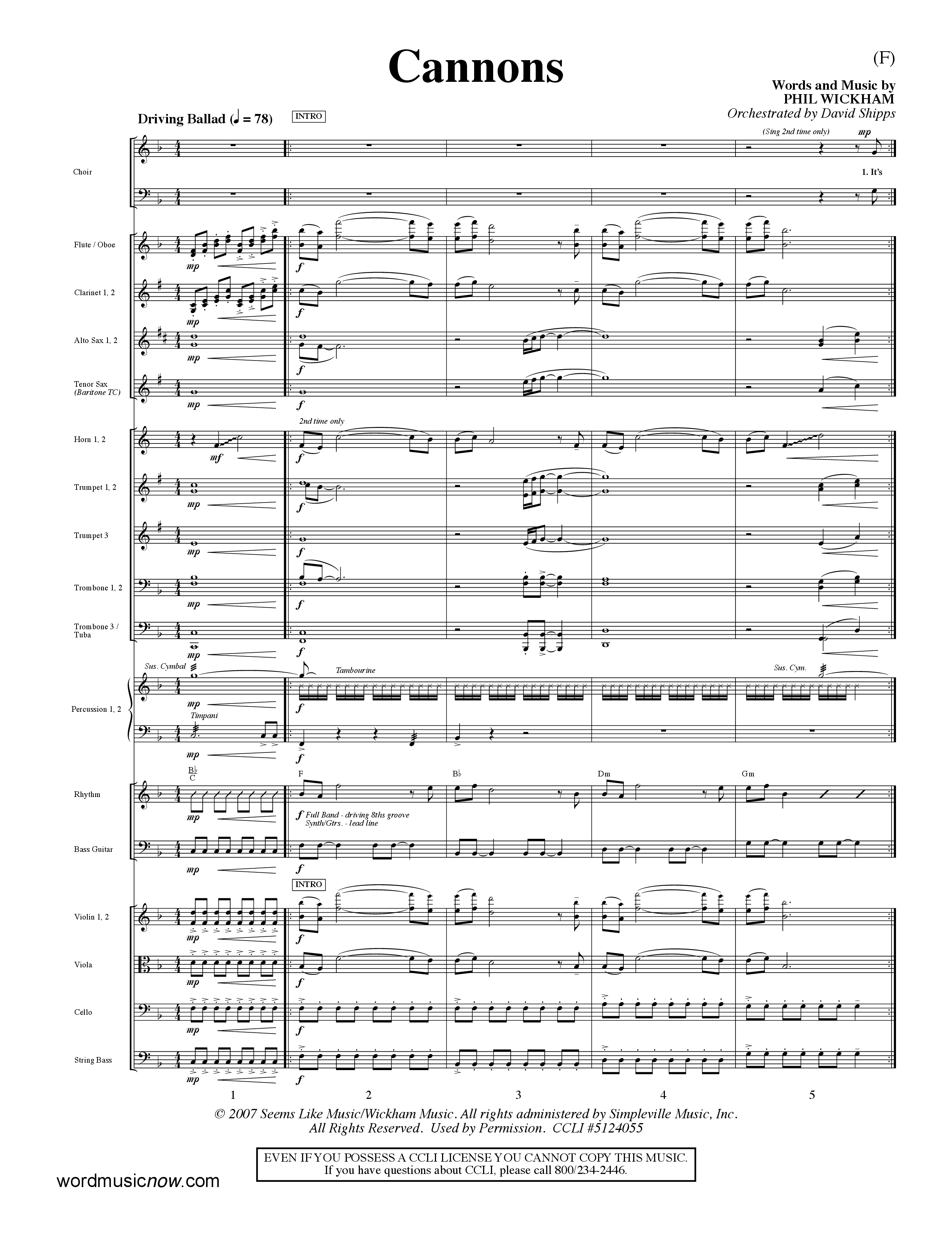 Cannons (Choral Anthem SATB) Orchestration (Word Music Choral / Orch. David Shipps)
