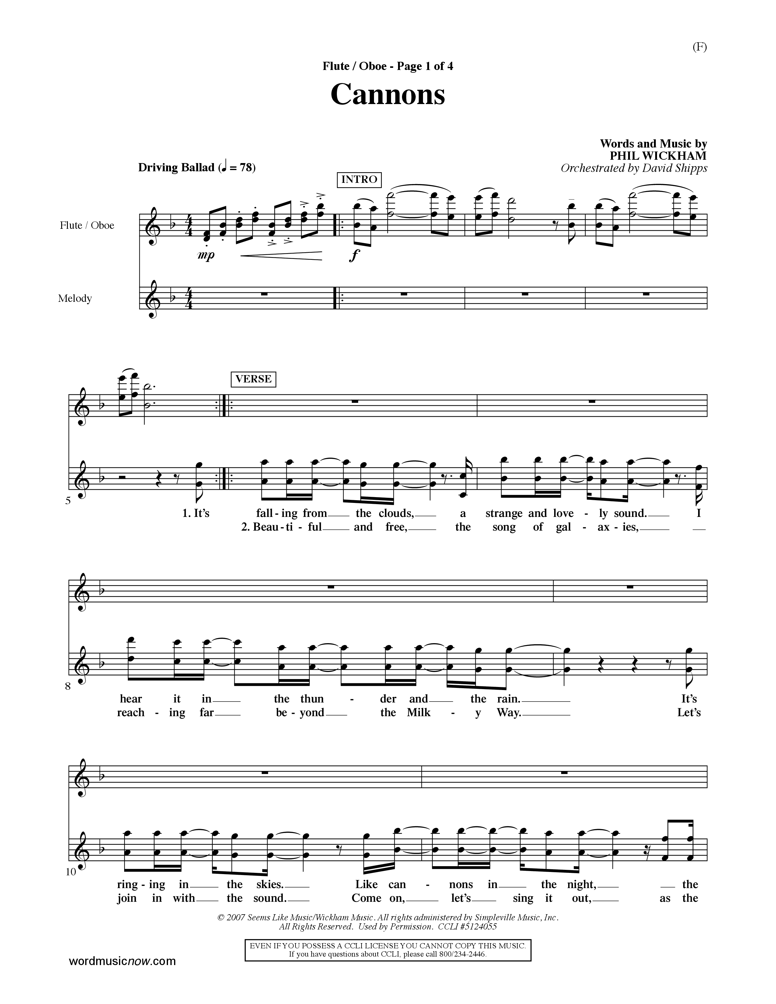 Cannons (Choral Anthem SATB) Flute/Oboe (Word Music Choral / Orch. David Shipps)