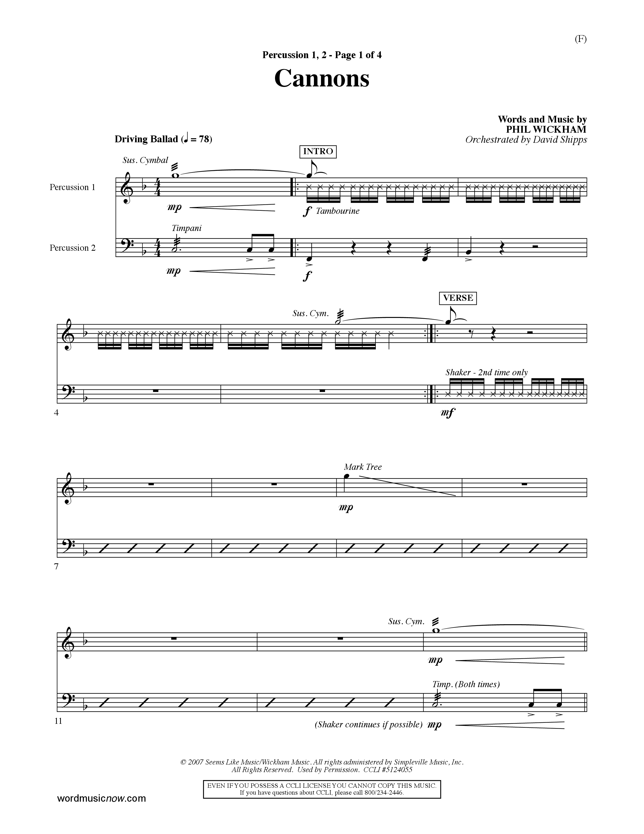 Cannons (Choral Anthem SATB) Percussion 1/2 (Word Music Choral / Orch. David Shipps)