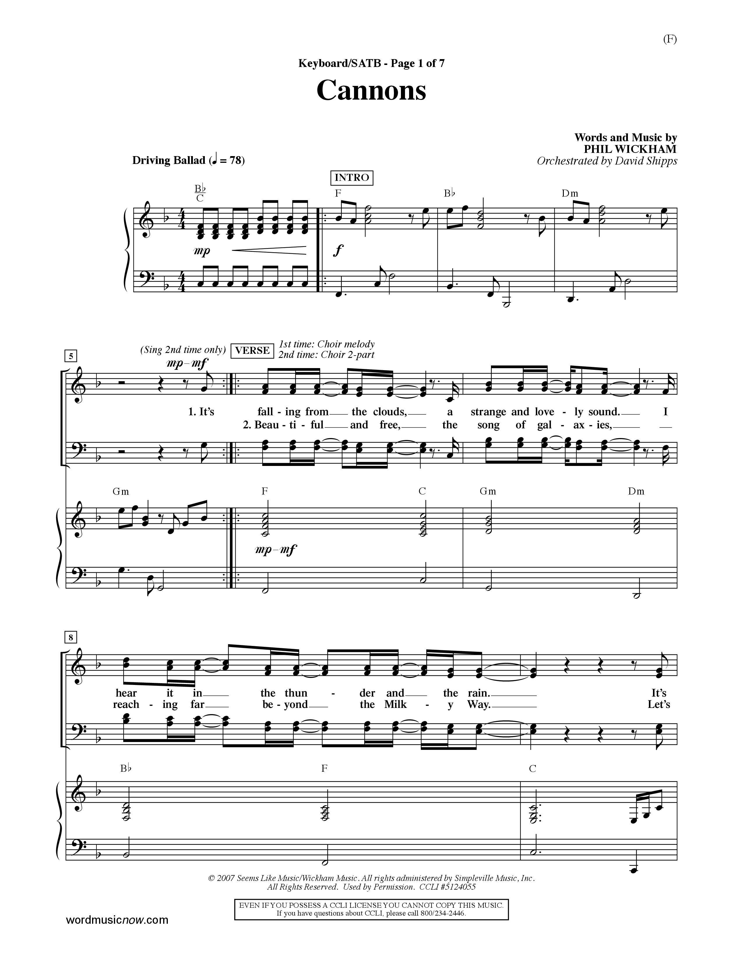 Cannons (Choral Anthem SATB) Keyboard/Vocal (SATB) (Word Music Choral / Orch. David Shipps)