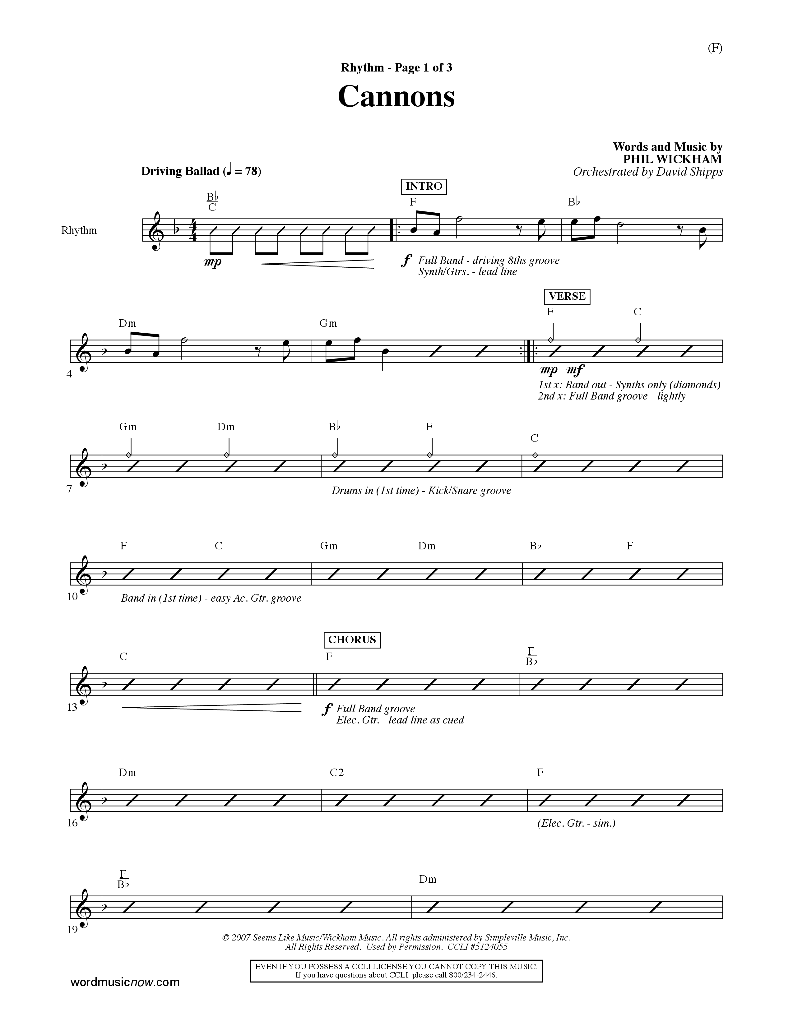 Cannons (Choral Anthem SATB) Rhythm Chart (Word Music Choral / Orch. David Shipps)