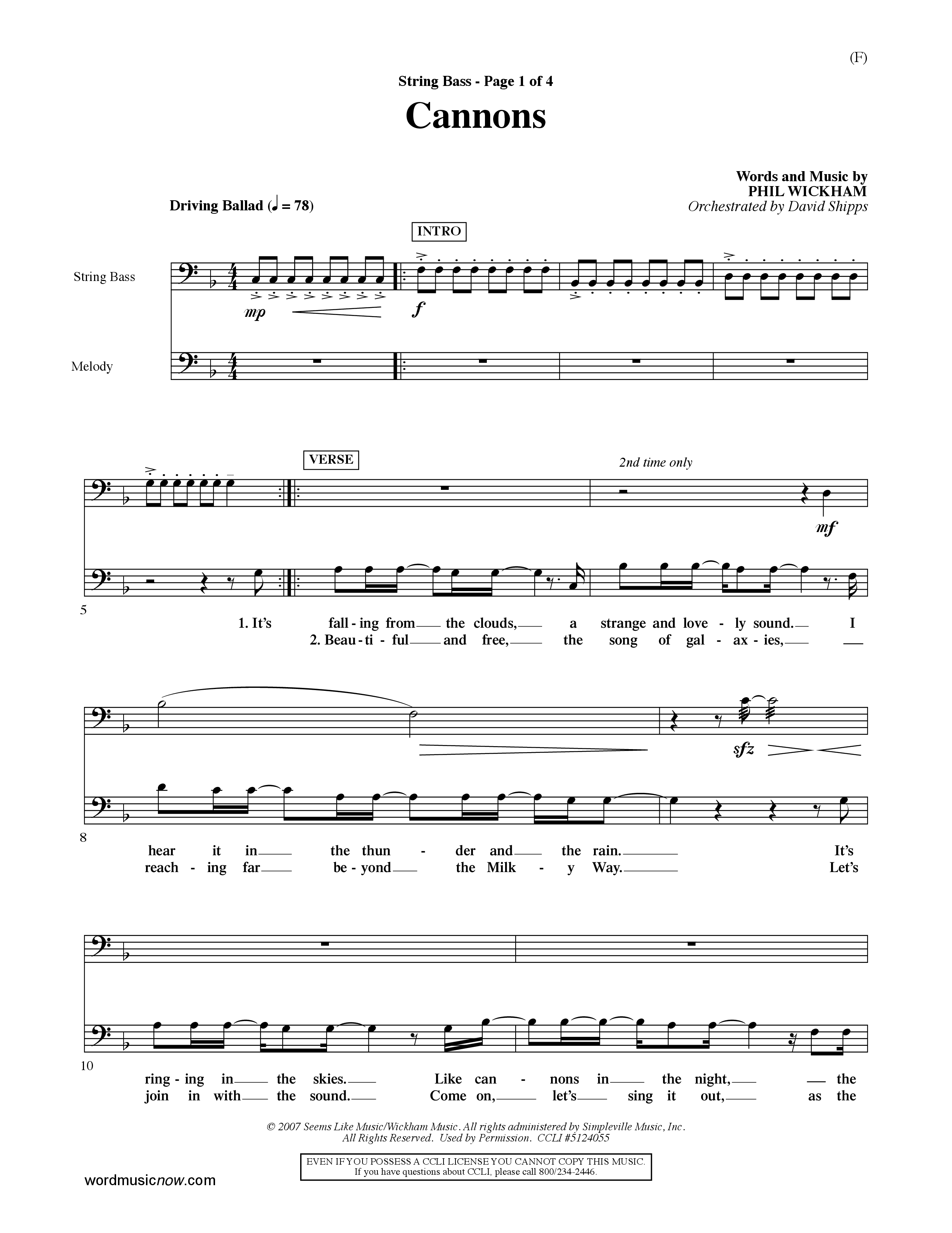 Cannons (Choral Anthem SATB) String Bass (Word Music Choral / Orch. David Shipps)