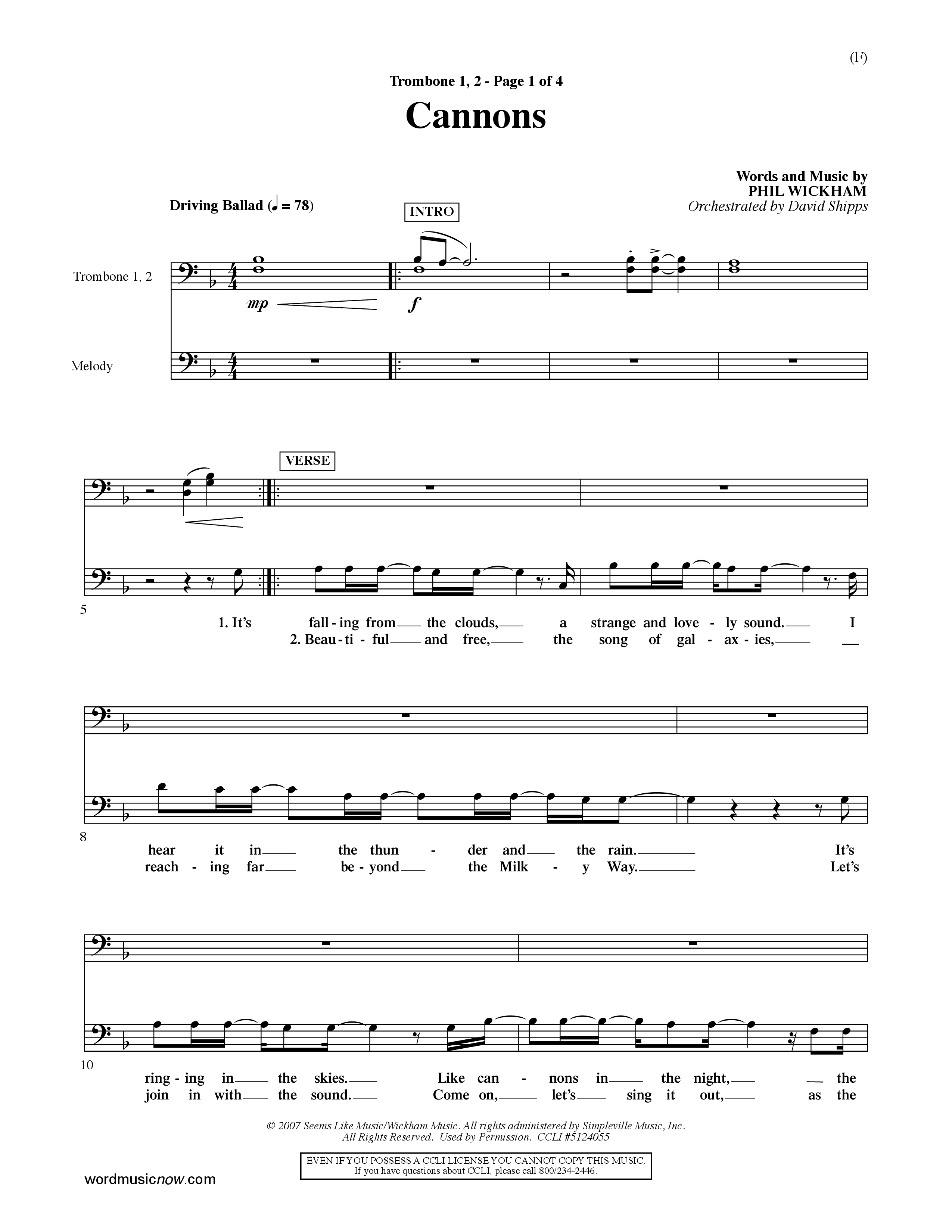 Cannons (Choral Anthem SATB) Trombone 1/2 (Word Music Choral / Orch. David Shipps)
