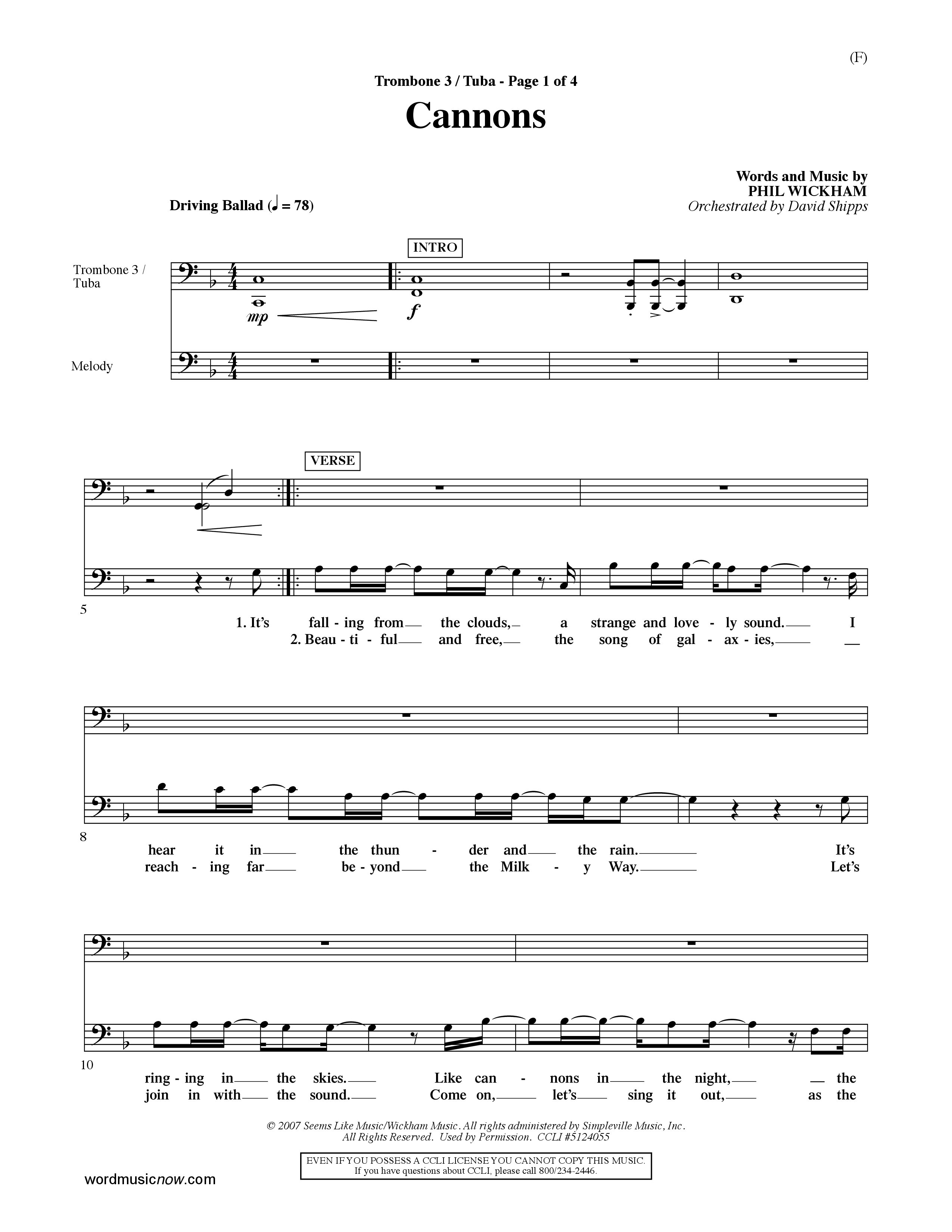 Cannons (Choral Anthem SATB) Trombone 3/Tuba (Word Music Choral / Orch. David Shipps)