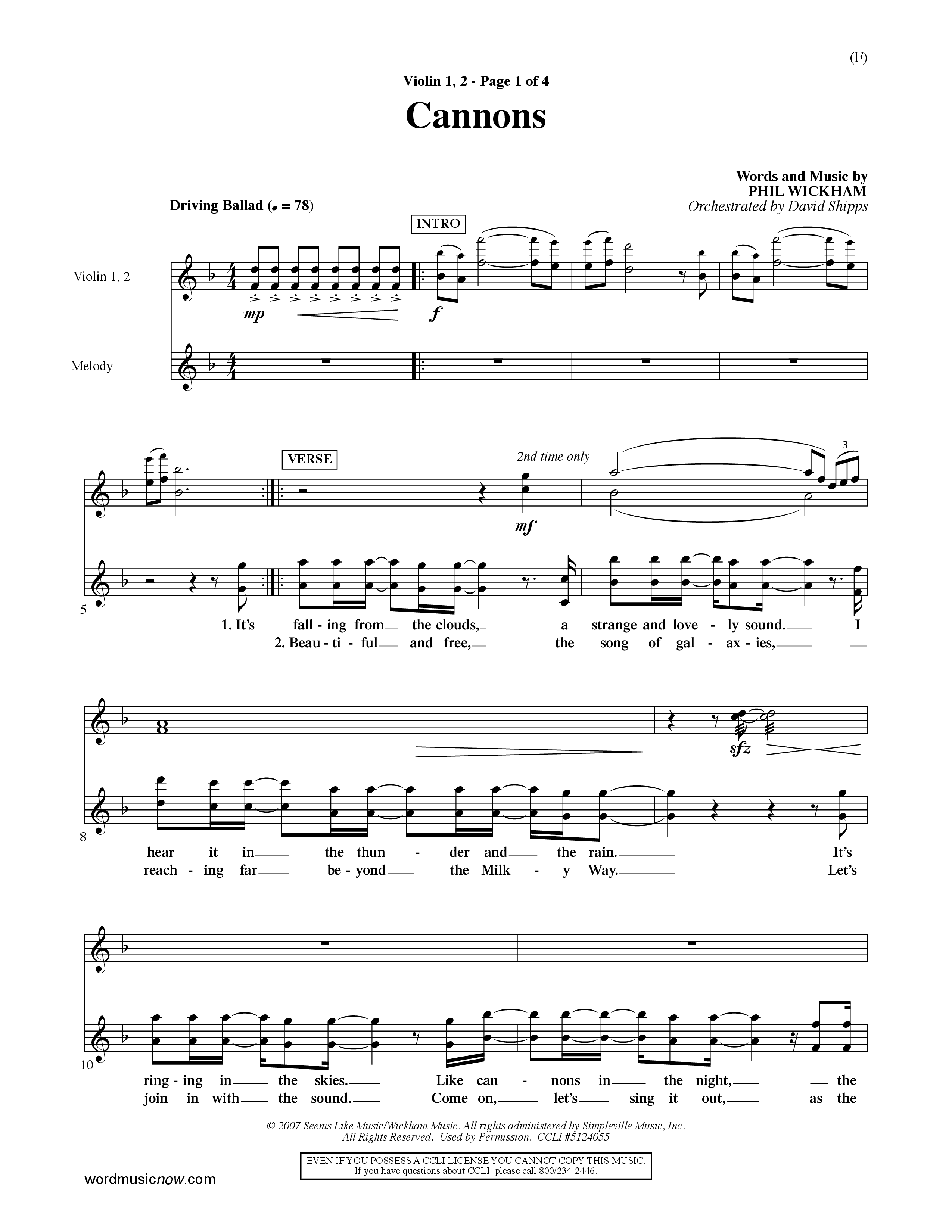 Cannons (Choral Anthem SATB) Violin 1/2 (Word Music Choral / Orch. David Shipps)